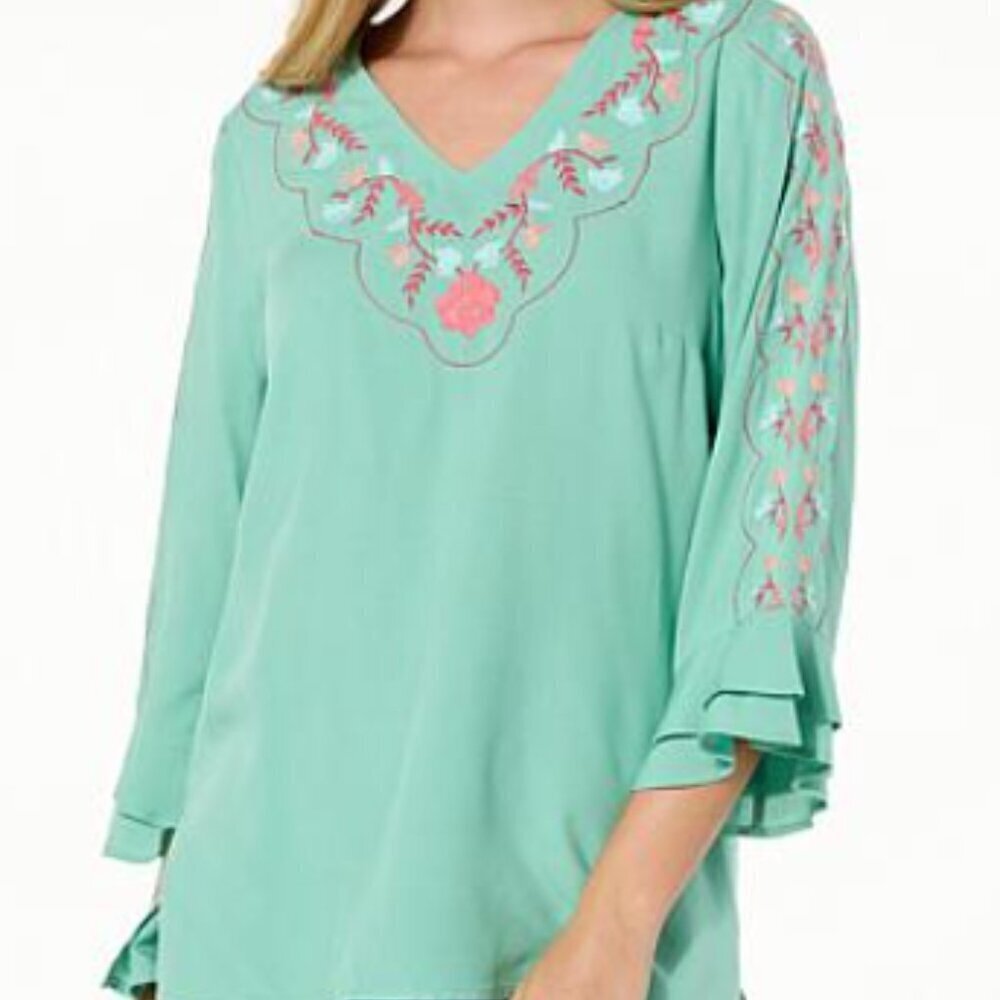 Colleen Lopez Floral Embroidered Cream Sand Brown Neutral Tunic Ruffle Sleeve XS